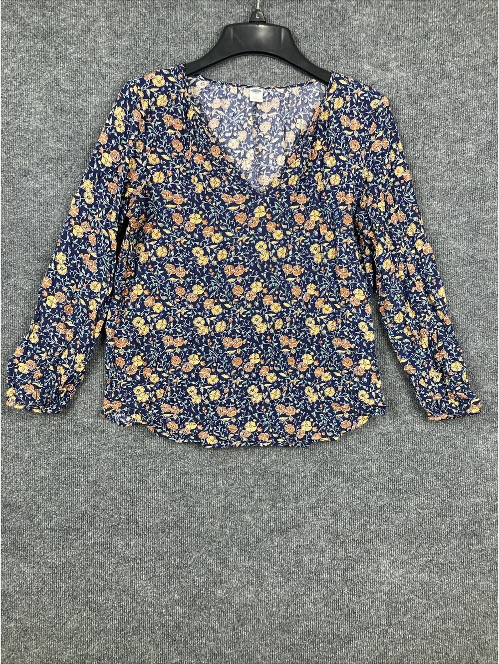Old Navy Womens Size Medium Navy Floral Flowers L/S V-Neck Shirt Top EUC